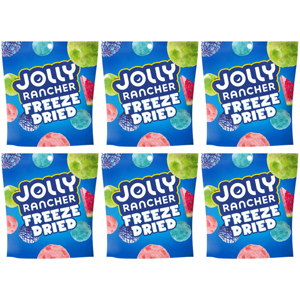Six 2oz Jolly Rancher Freeze Dried Original Fruit Flavored Candy bags are arranged in two rows of three, offering a crunchy and fruity snack experience in each airy pack.